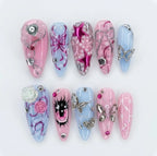 Handmade Y2K Pink Press On Nails, Anime Eye Set, 3D Silver Butterfly & Pearl Accents, Nails For Cyberpunk Kawaii Vibes