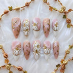 3D Pumpkin Gold Press On Nails, Elegant Fall Gift for Her