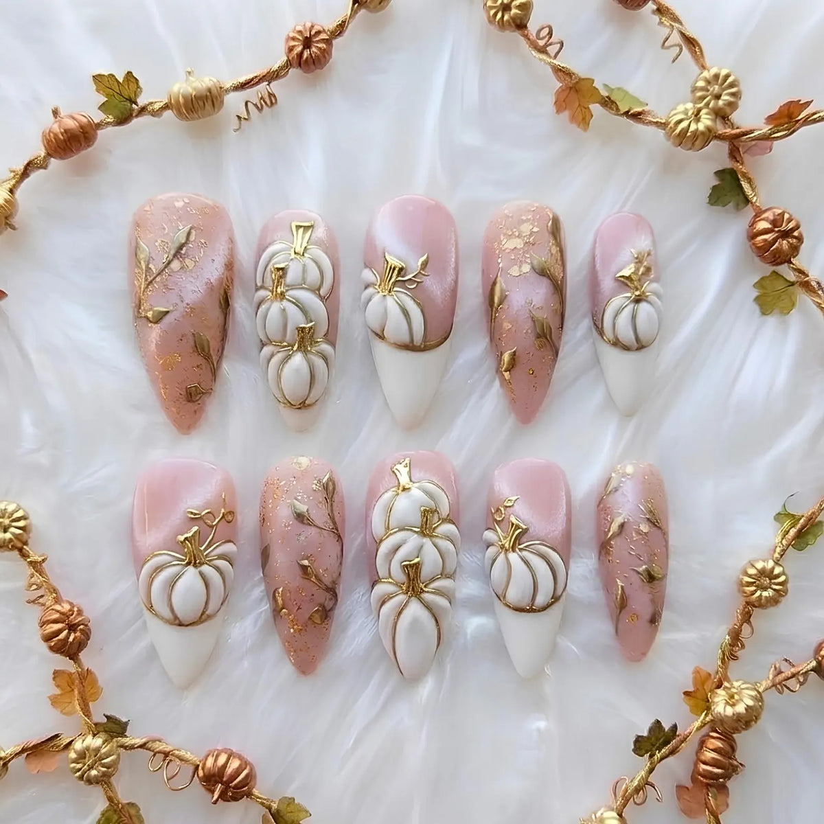 3D Pumpkin Gold Press On Nails, Elegant Fall Gift for Her