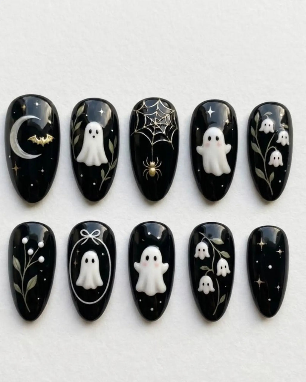 Handmade Gothic Ghost Press-On Nails, Black Gold Halloween Set