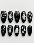 Handmade Gothic Ghost Press-On Nails, Black Gold Halloween Set