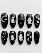 Handmade Gothic Ghost Press-On Nails, Black Gold Halloween Set