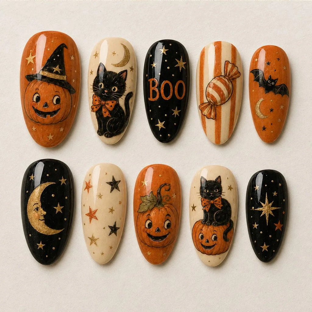 Handmade Retro Halloween Press On Nails / Black Cat Pumpkin Candy Bat Moon Boo Art / Vintage Orange Oval Spooky Reusable Fake Nails