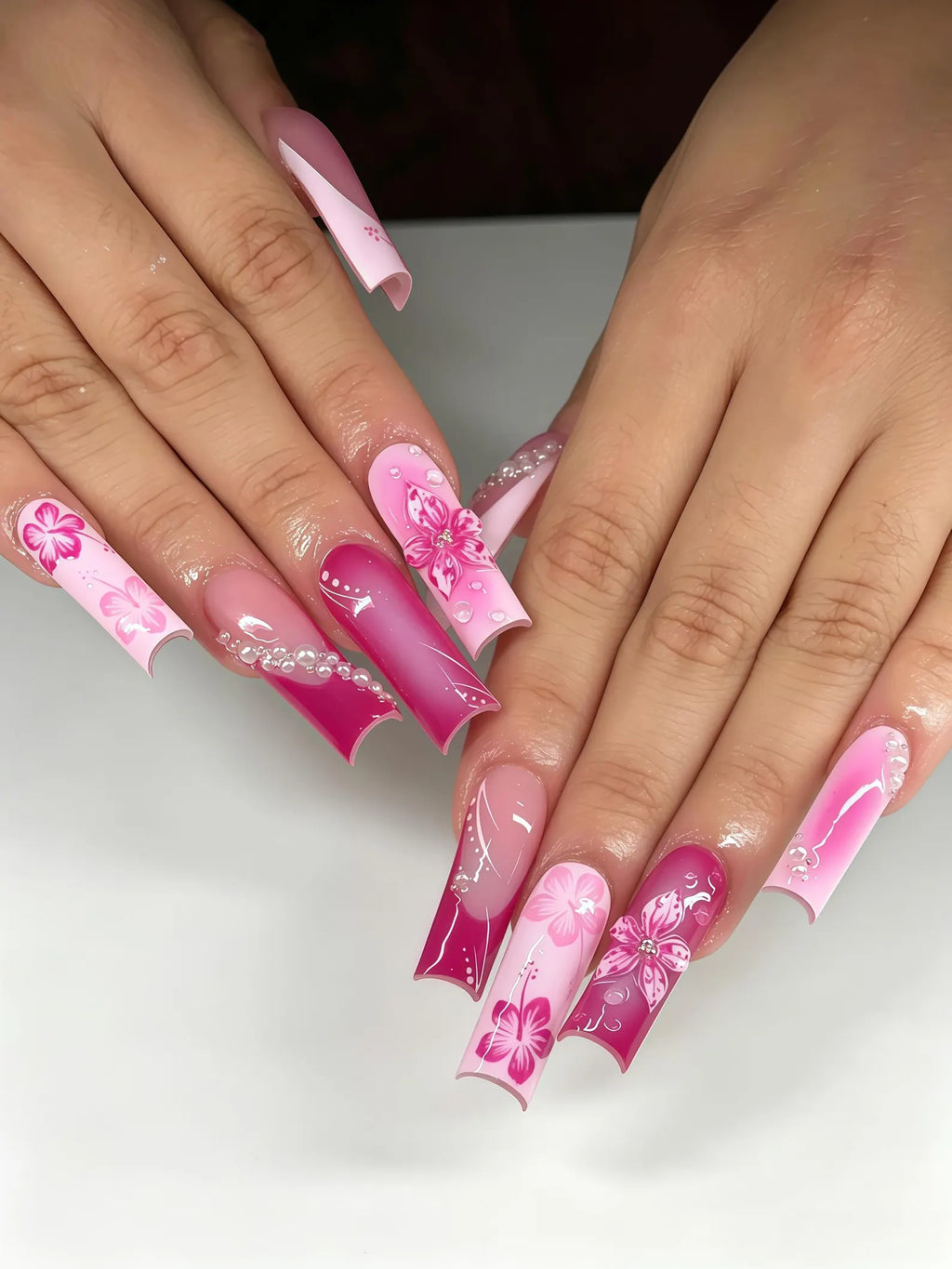Custom Press On Nail, Magenta Gradient Hand‑painted Floral Nails, Pearl Accent Reusable False Nails, Romantic Glam Nail Art