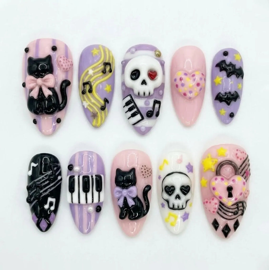 Handmade Spooky Cute 3D Press On Nails | Black Cat, Skull, Piano & Music Notes | Gothic Pastel Nails For Alternative Vibes