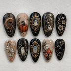 Vintage Halloween Press On Nails | Ghost Pumpkin Mushroom Nails | Gothic Black Gold Nails | Witchy Spider Web Fall Nail Art