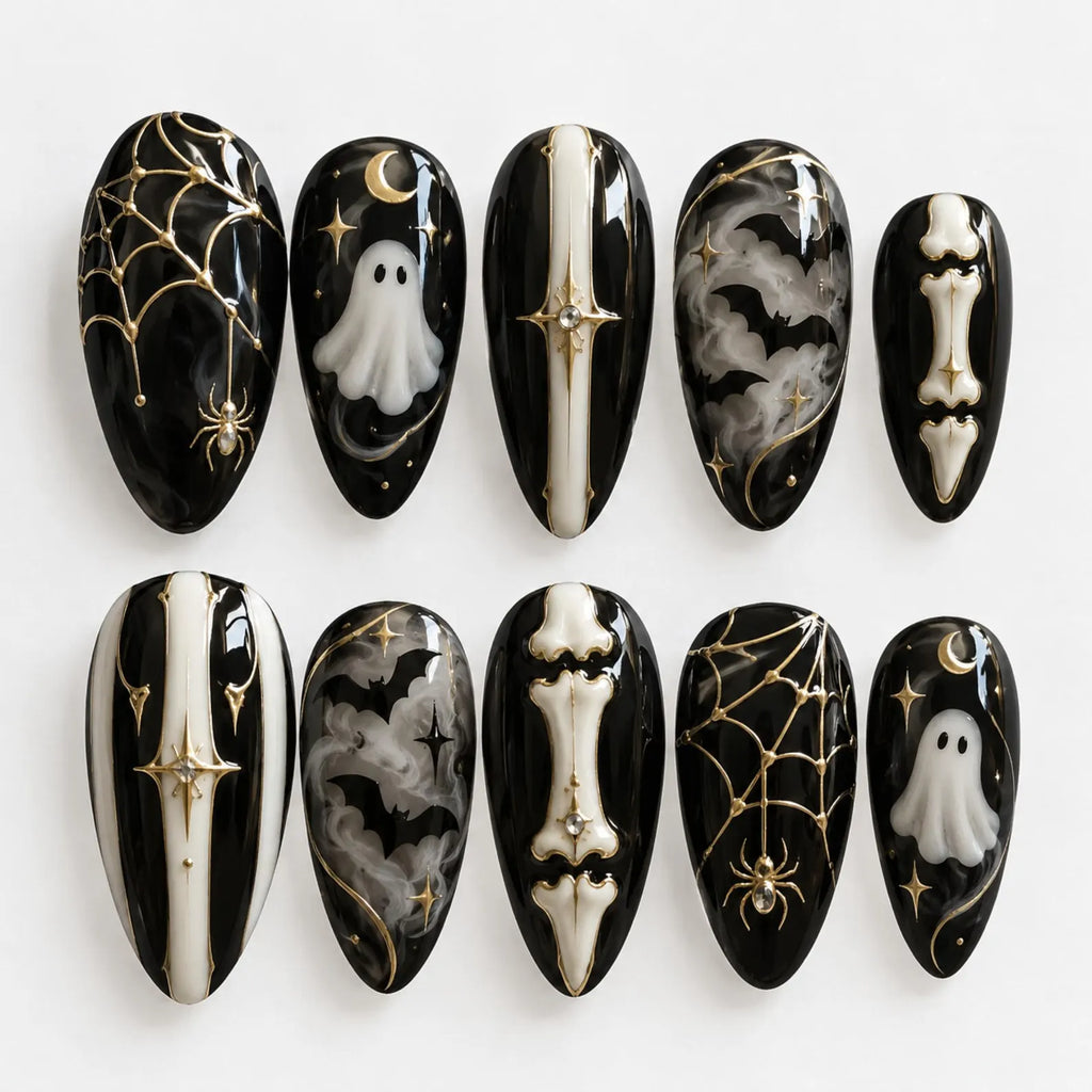 Handmade Black Gothic Halloween Press On Nails, Ghost Skeleton Nails, Spooky Bat Nail Art, Reusable False Nails, Dark Goth Set