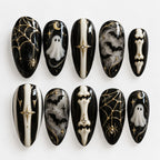Handmade Black Gothic Halloween Press On Nails, Ghost Skeleton Nails, Spooky Bat Nail Art, Reusable False Nails, Dark Goth Set