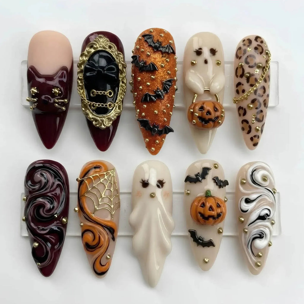 Handmade Halloween 3D Press On Nails | Gothic Ghost Pumpkin Bat Art | Burgundy Orange Gold Mismatched Almond Fake Nails