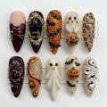 Handmade Halloween 3D Press On Nails | Gothic Ghost Pumpkin Bat Art | Burgundy Orange Gold Mismatched Almond Fake Nails