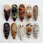 Handmade Halloween 3D Press On Nails | Gothic Ghost Pumpkin Bat Art | Burgundy Orange Gold Mismatched Almond Fake Nails