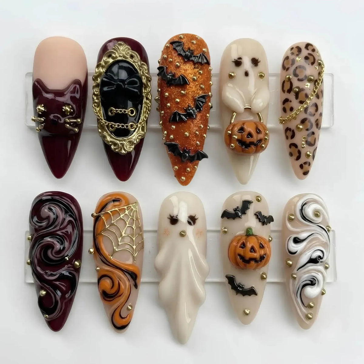 Handmade Halloween 3D Press On Nails | Gothic Ghost Pumpkin Bat Art | Burgundy Orange Gold Mismatched Almond Fake Nails