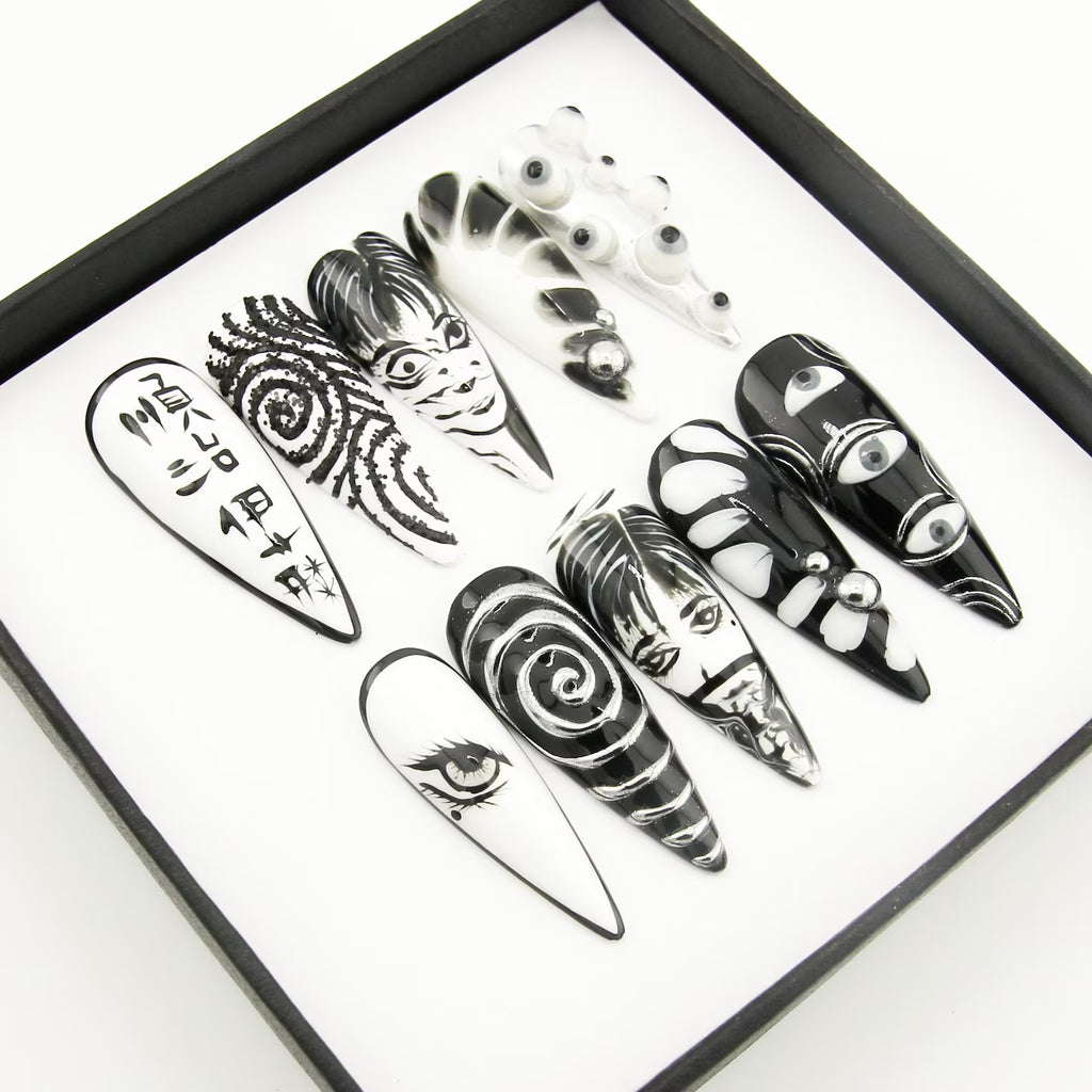Junji Ito Inspired Press On Nails | Uzumaki Swirl Tomie Gothic Halloween (Reusable