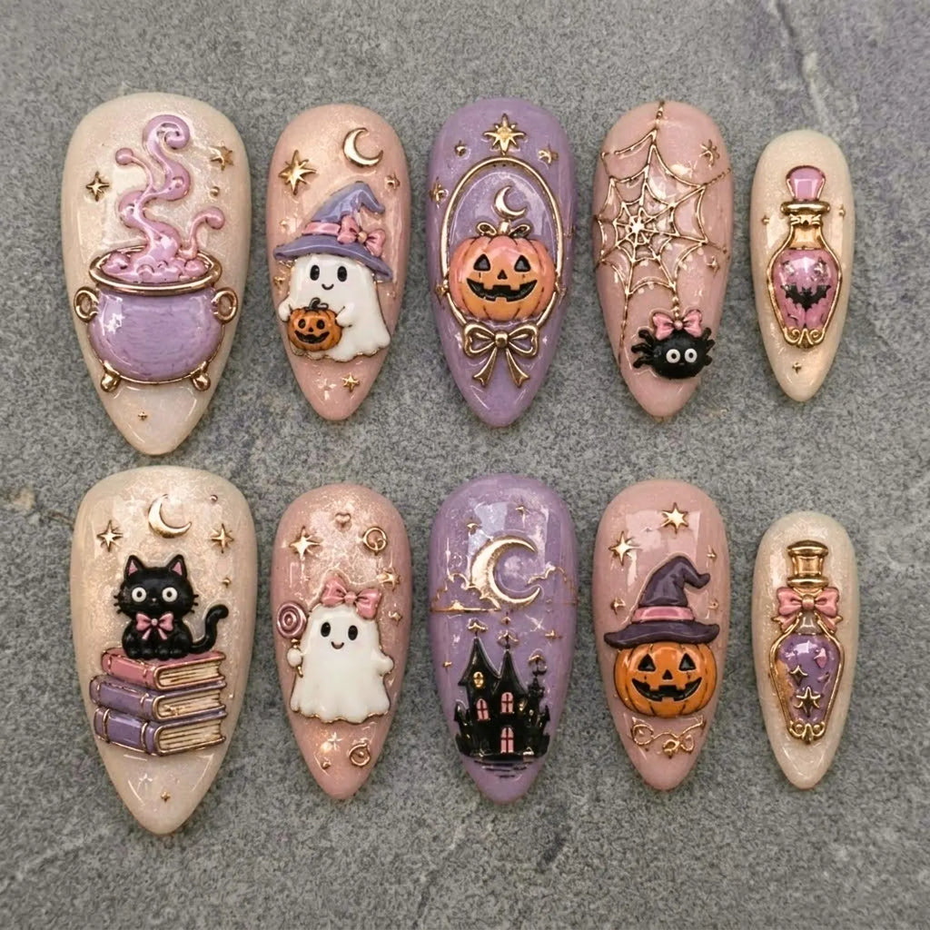 Handmade Cute Halloween Press On Nails | Pastel Ghost Pumpkin Witch Cat Spooky Nail Art | Pink Purple Mismatched Almond Fake Nails