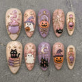 Handmade Cute Halloween Press On Nails | Pastel Ghost Pumpkin Witch Cat Spooky Nail Art | Pink Purple Mismatched Almond Fake Nails