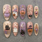 Handmade Cute Halloween Press On Nails | Pastel Ghost Pumpkin Witch Cat Spooky Nail Art | Pink Purple Mismatched Almond Fake Nails