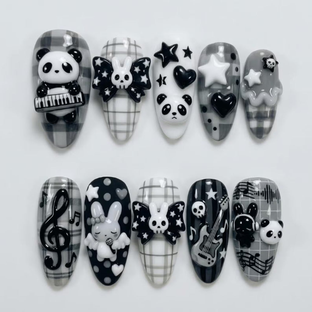 Handmade Goth Rock Panda & Bunny Nails | 3D Guitar, Skull Bow and Music Notes | Black White Press On Nails