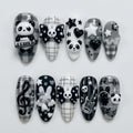 Handmade Goth Rock Panda & Bunny Nails | 3D Guitar, Skull Bow and Music Notes | Black White Press On Nails