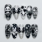 Handmade Goth Rock Panda & Bunny Nails | 3D Guitar, Skull Bow and Music Notes | Black White Press On Nails