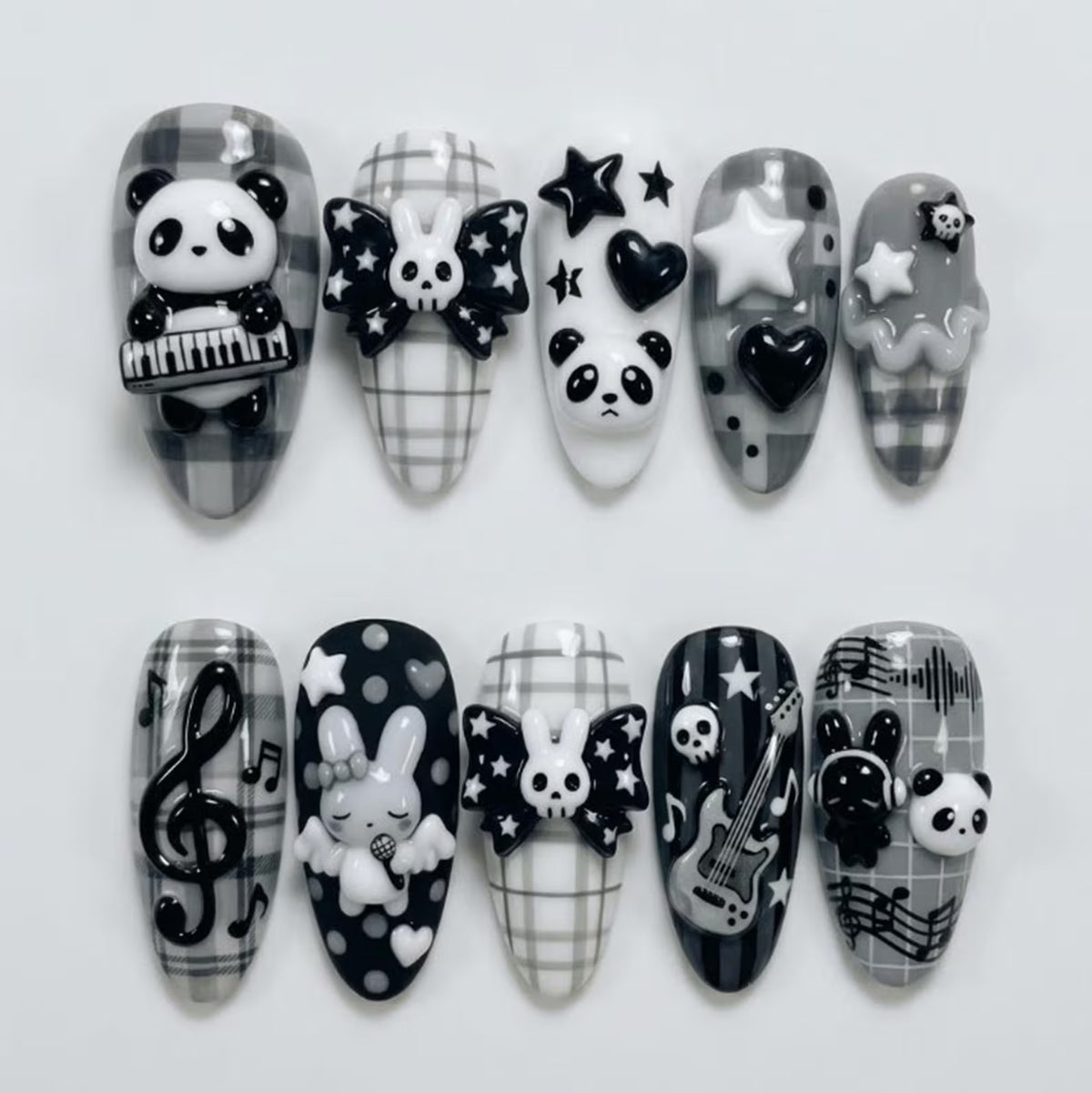 Handmade Goth Rock Panda & Bunny Nails | 3D Guitar, Skull Bow and Music Notes | Black White Press On Nails