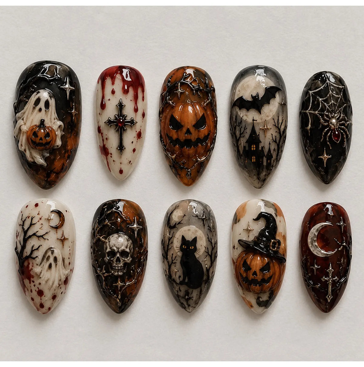 Handmade Press On Nails | Spooky Halloween Gothic | 3D Sculpted Ghost, Black Cat, Skull & Dripping Blood Nails Set