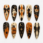 Retro Gothic Halloween Press On Nails, Black Cat Pumpkin Nails, Black Orange Ghost Nails, Spooky Stiletto Fake Nails