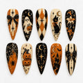 Retro Gothic Halloween Press On Nails, Black Cat Pumpkin Nails, Black Orange Ghost Nails, Spooky Stiletto Fake Nails