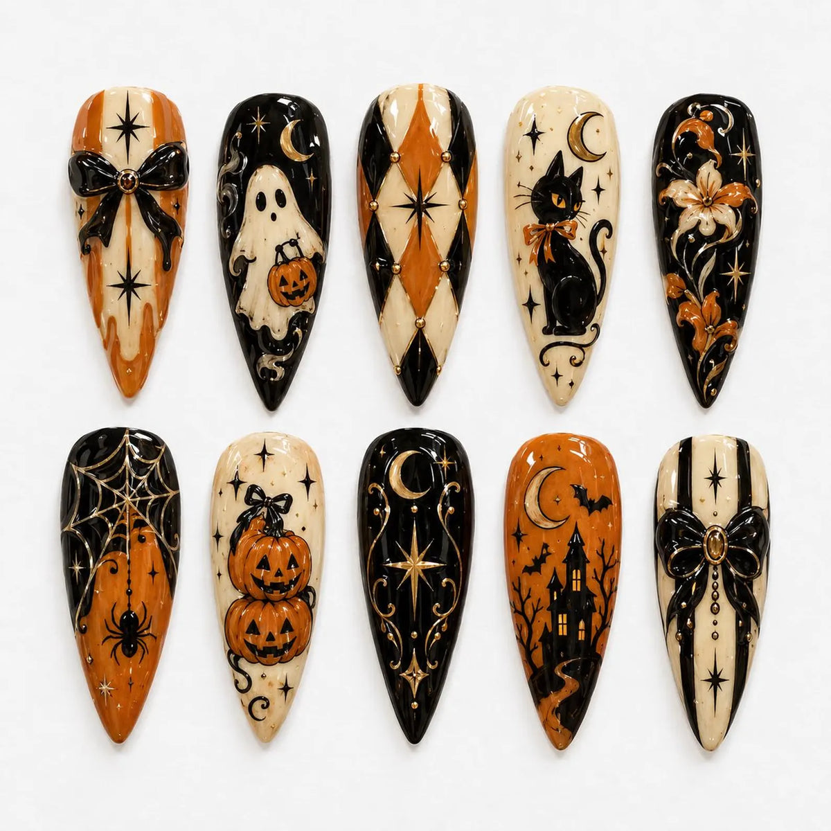 Retro Gothic Halloween Press On Nails, Black Cat Pumpkin Nails, Black Orange Ghost Nails, Spooky Stiletto Fake Nails