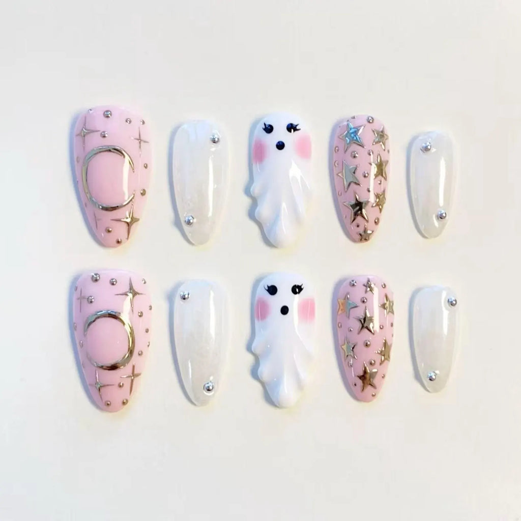 Cute Ghost Nails/Press On Nails Long Almond/Pink Halloween Nails/Kawaii Nails/Custom Nails/Star Moon Nails/Halloween Nails