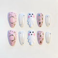 Cute Ghost Nails/Press On Nails Long Almond/Pink Halloween Nails/Kawaii Nails/Custom Nails/Star Moon Nails/Halloween Nails