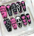 Horror Scream Press On Nails: Pink Black Spooky Spider Web Nail Art