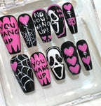 Horror Scream Press On Nails: Pink Black Spooky Spider Web Nail Art