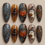 Vintage Halloween Press On Nails, Pumpkin Ghost Witch Hat Fake Nails, Gothic Fall Nail Art, Spooky Reusable Handmade Nails
