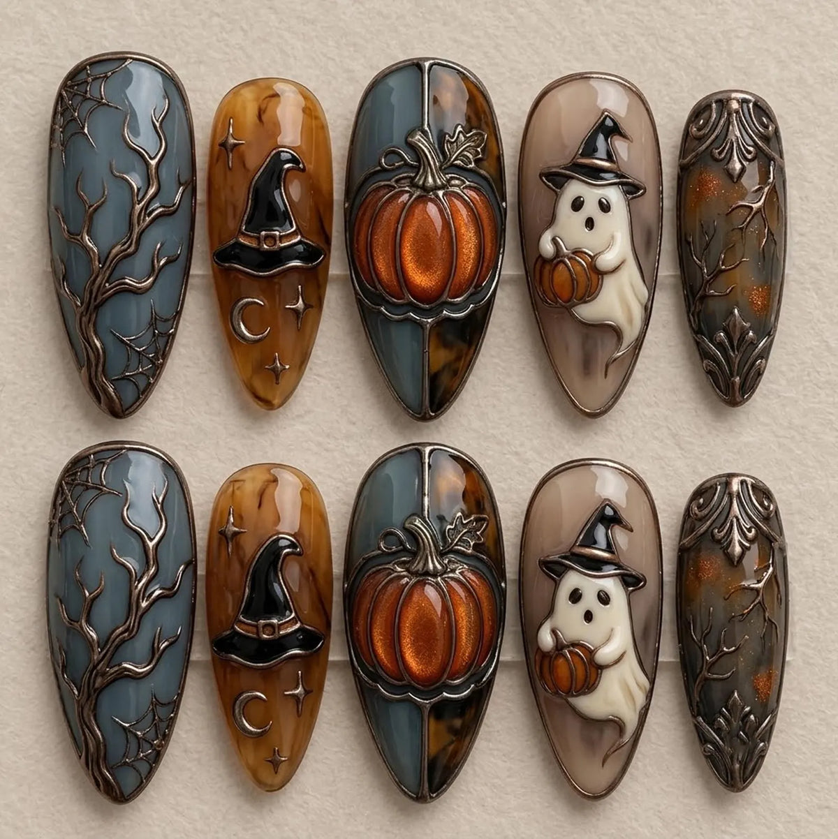 Vintage Halloween Press On Nails, Pumpkin Ghost Witch Hat Fake Nails, Gothic Fall Nail Art, Spooky Reusable Handmade Nails