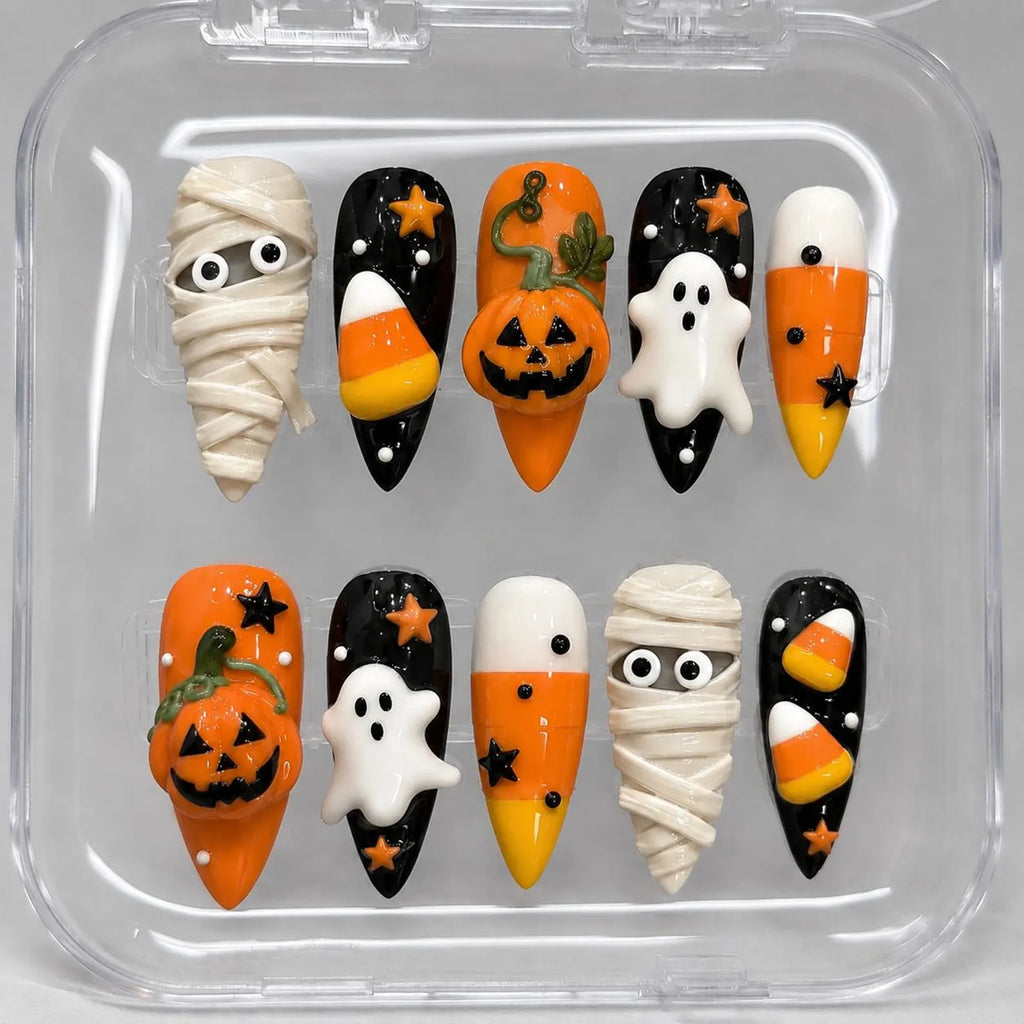 Cute Halloween Press On Nails, 3D Ghost Pumpkin Mummy Candy Corn Nails, Spooky Kawaii Handmade Fall Fake Nails