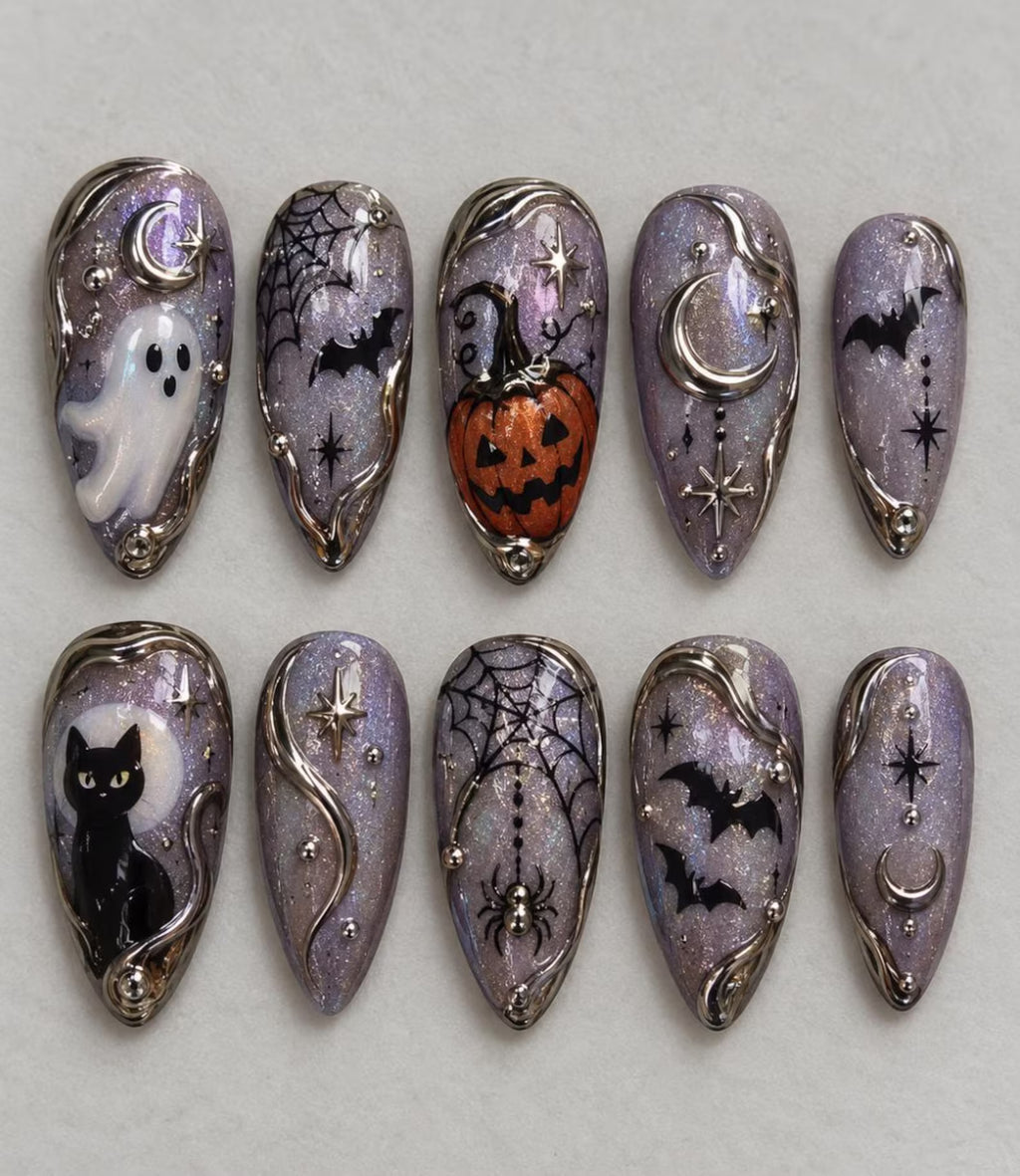 Purple Halloween Press On Nails, Chrome Celestial Nails, Ghost Pumpkin Black Cat Nails, Spider Web Witchy Spooky Nail Set