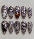 Purple Halloween Press On Nails, Chrome Celestial Nails, Ghost Pumpkin Black Cat Nails, Spider Web Witchy Spooky Nail Set