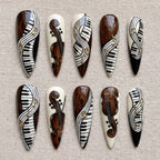Classical Music Nails | Violin & Piano Press On | Symphony Nail Art | Woodgrain Fake Nails | Gold Music Notes | Long Almond Custom
