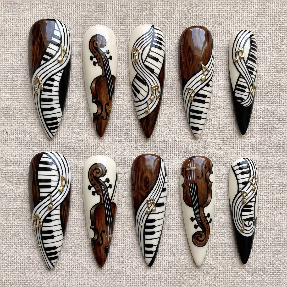 Classical Music Nails | Violin & Piano Press On | Symphony Nail Art | Woodgrain Fake Nails | Gold Music Notes | Long Almond Custom