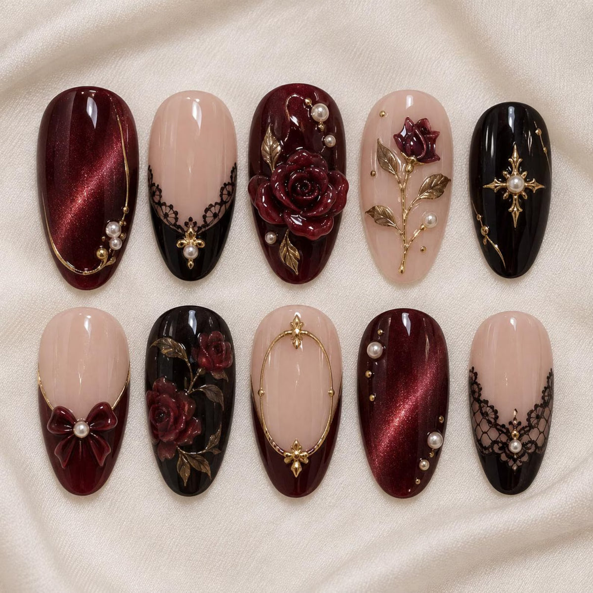 Burgundy Press On Nails / 3D Rose Nails / Black Lace / Gothic Nails / Dark Romance / Pearl & Gold Details / Handmade Nail Art