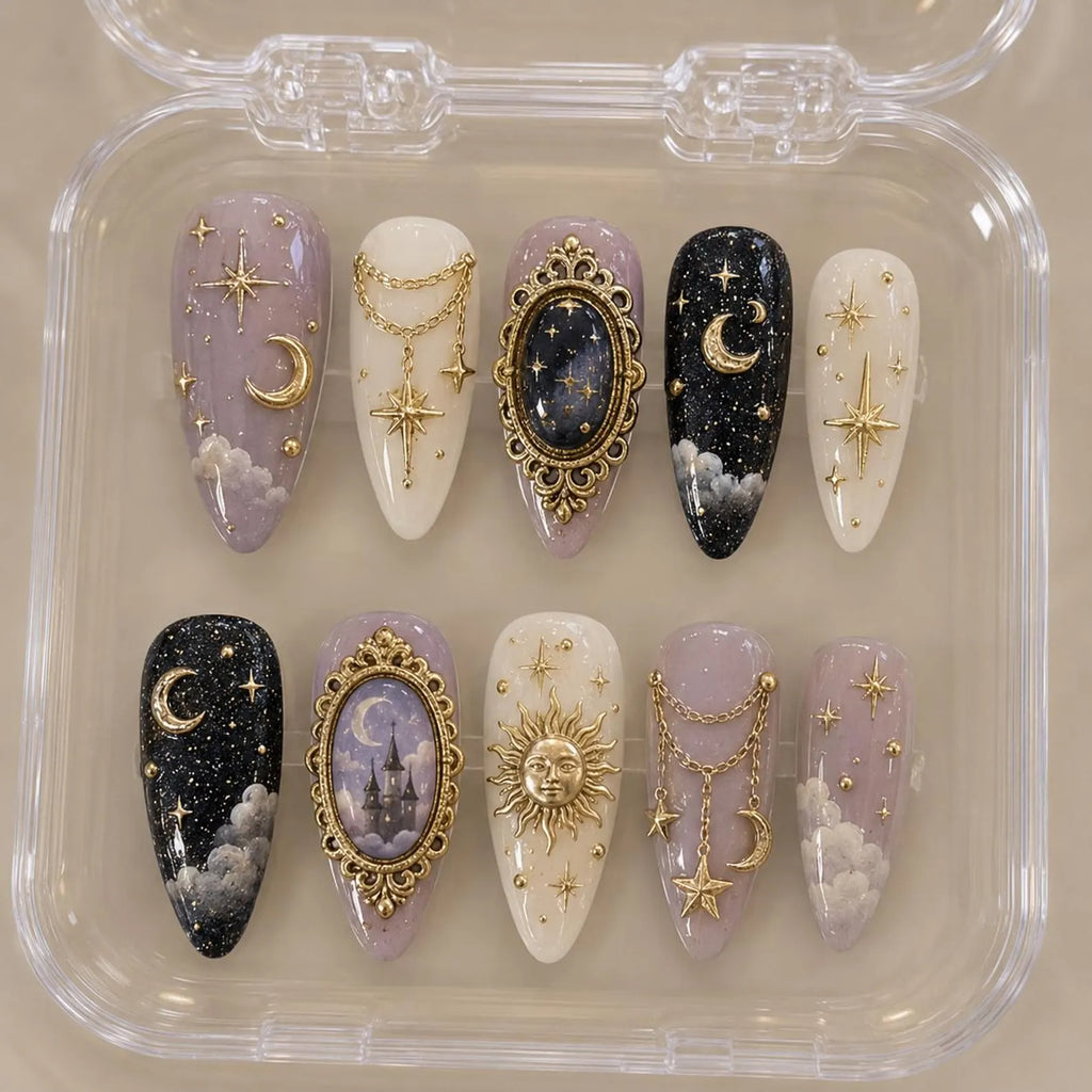 Handmade Celestial Press On Nails, Moon Star Nails, Gothic Celestial Nails, Gold Charm Fake Nails, Vintage Cosmic Nail Set
