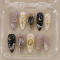 Handmade Celestial Press On Nails, Moon Star Nails, Gothic Celestial Nails, Gold Charm Fake Nails, Vintage Cosmic Nail Set