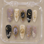 Handmade Celestial Press On Nails, Moon Star Nails, Gothic Celestial Nails, Gold Charm Fake Nails, Vintage Cosmic Nail Set