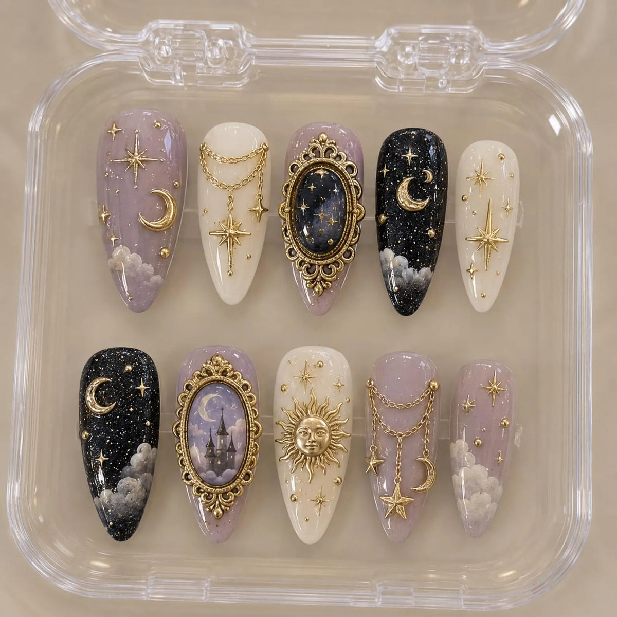 Handmade Celestial Press On Nails, Moon Star Nails, Gothic Celestial Nails, Gold Charm Fake Nails, Vintage Cosmic Nail Set