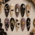 Gothic Halloween Press On Nails, Celestial Moon Star Nail Art, Black Cat Ghost Nails, Witchy Purple Gold Nail Set