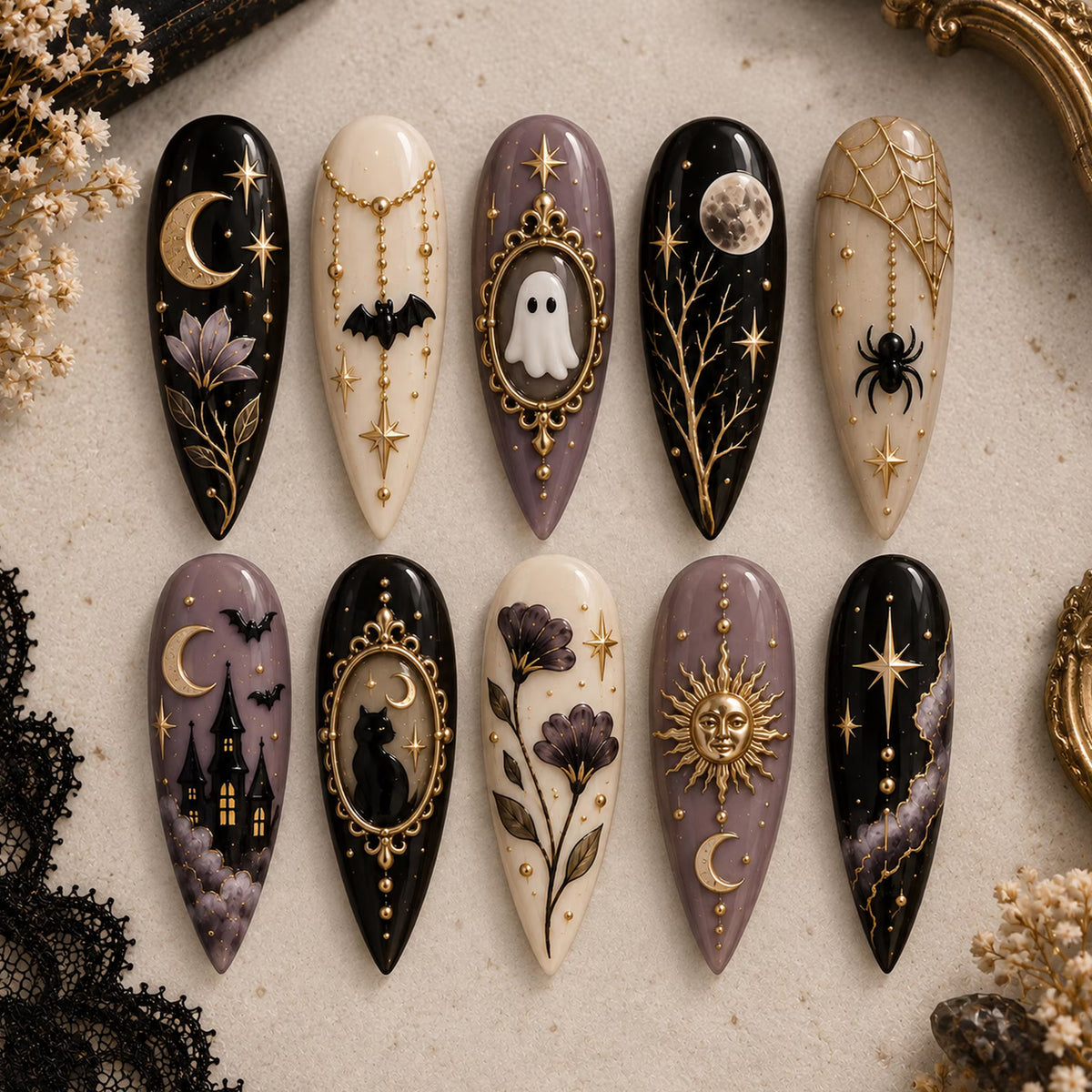 Gothic Halloween Press On Nails, Celestial Moon Star Nail Art, Black Cat Ghost Nails, Witchy Purple Gold Nail Set