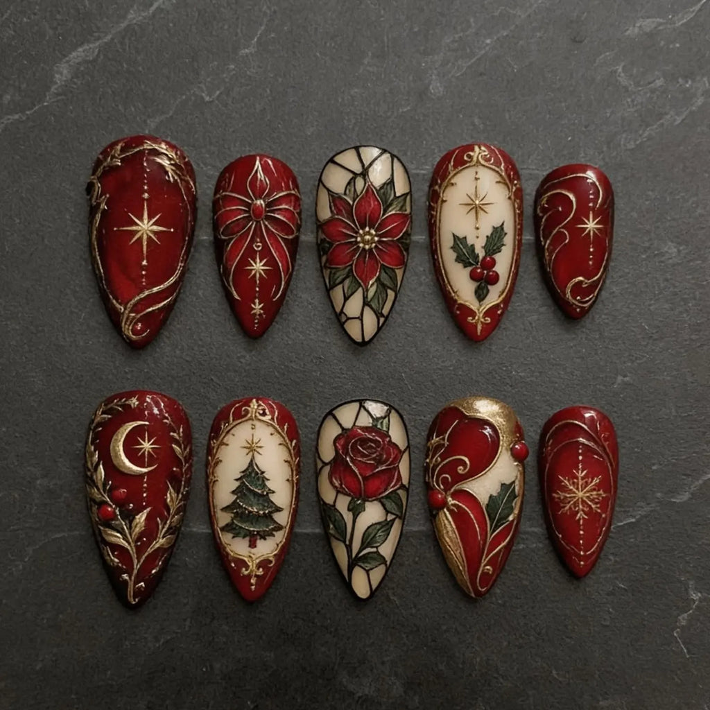 Christmas Press On Nails, Burgundy Gothic Stained Glass Nails, Vintage Victorian Holiday Nail Art, Red Poinsettia & Gold