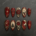 Christmas Press On Nails, Burgundy Gothic Stained Glass Nails, Vintage Victorian Holiday Nail Art, Red Poinsettia & Gold