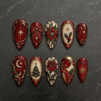Christmas Press On Nails, Burgundy Gothic Stained Glass Nails, Vintage Victorian Holiday Nail Art, Red Poinsettia & Gold