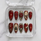 Christmas Press On Nails, Burgundy Gothic Stained Glass Nails, Vintage Victorian Holiday Nail Art, Red Poinsettia & Gold